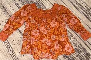 American Eagle Orange Floral Square Neck Peasant Babydoll Blouse